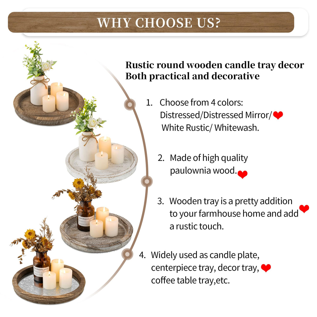 Hanobe Candle Plate Holder Tray: Round Wooden Decorative Candle Plate Small Farmhouse Table Centerpiece Rustic Wood Tealight Pillar Trays for Christmas Wedding Halloween Home Decor Hanobe