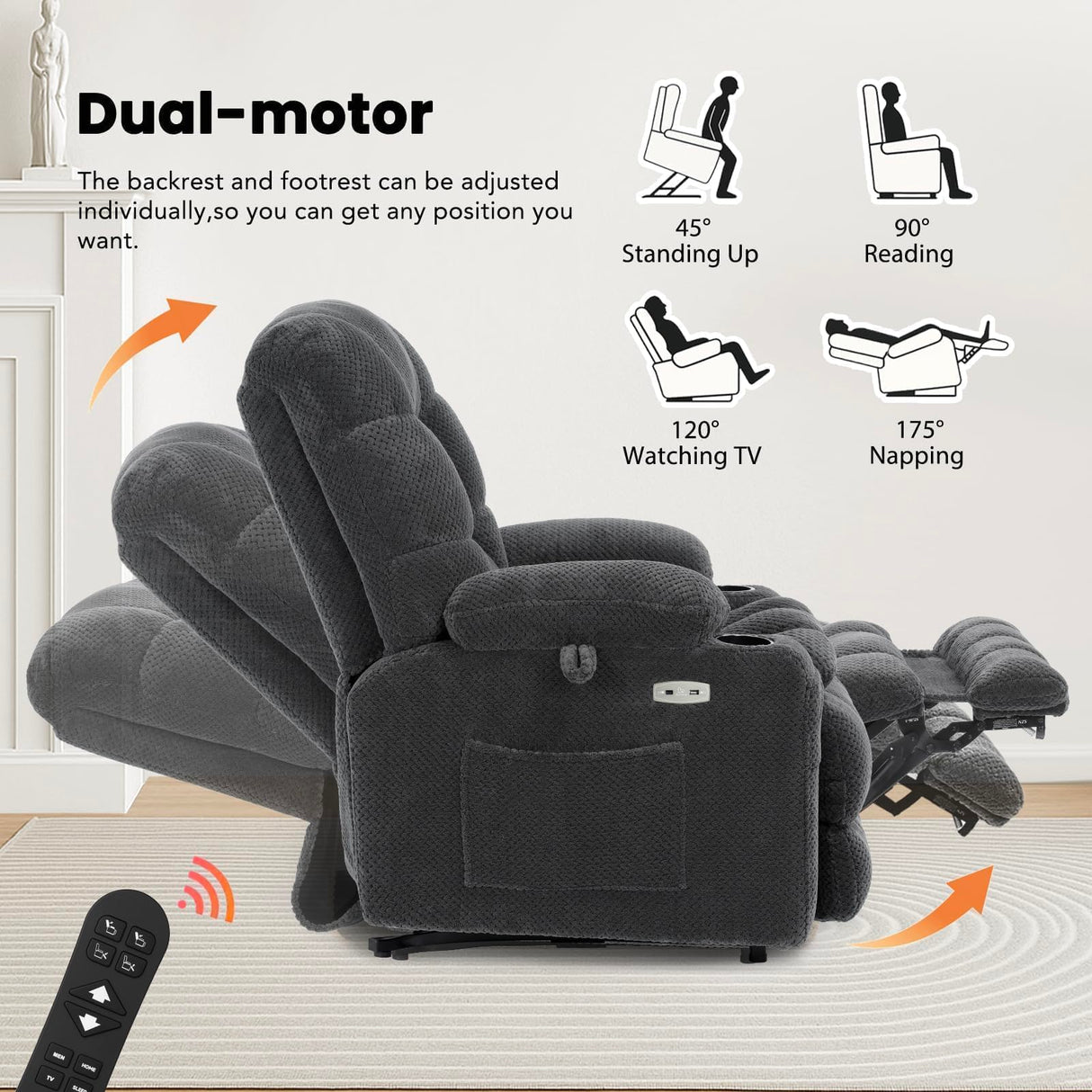EONIX Dual Motor Lay Flat Power Lift Recliner Chair for Elderly with Heat and Massage, Electric Lift Chairs with Cup Holders for Living Room, 400lbs Heavy Duty, Plush Fabric, SLRY001060, Dark Grey EONIX