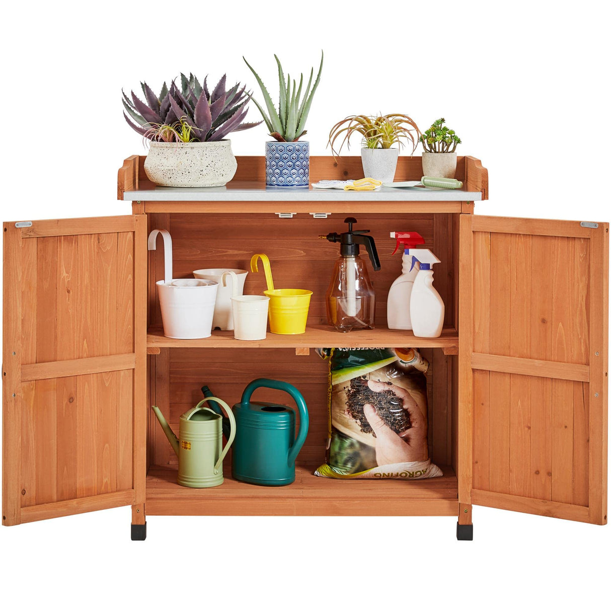 Topeakmart Potting Bench Table - Wooden Storage Cabinet with Removable Shelf & Flexible Space & Metal-plated Tabletop for Outdoor Garden Patio,Brown Topeakmart