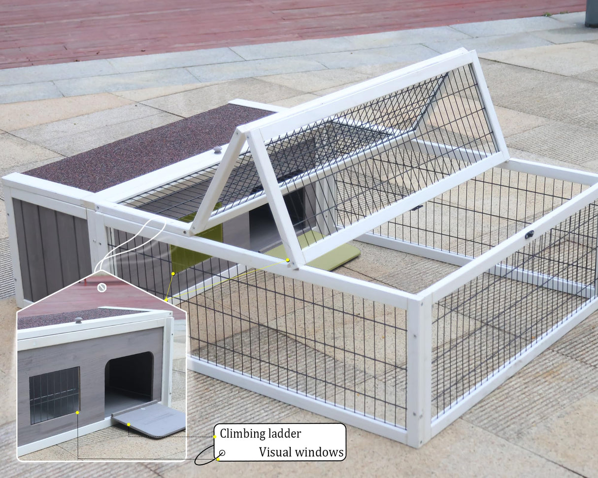 Tortoise House Habitat Wooden with Waterproof Cover, Chicken Coop with Run Rabbit Hutch Small Animal Hutch Enclosure Indoor/Outdoor-Grey + White Trim Rockever