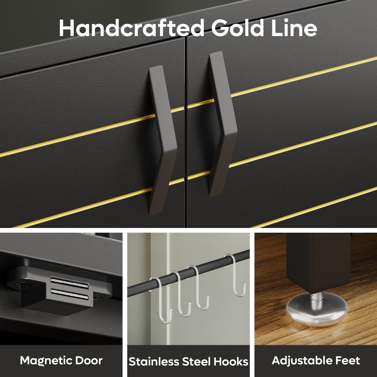 Bestier 20-29 Gallon Fish Tank Stand with Power Outlets, Metal Long Aquarium Stand with Storage Cabinet, 31x15 Reptile Terrarium Stand with Horizontal Gold Line, Stainless Hooks, 350 Lbs(Black) Bestier