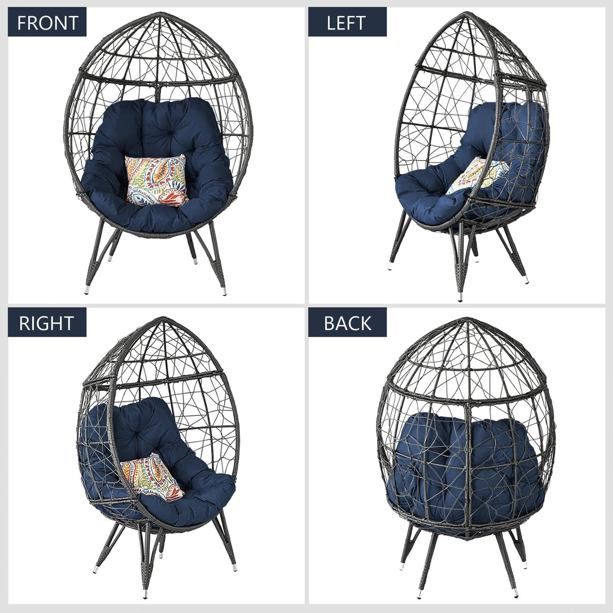 HLNPTN Patio Egg Chair Wicker Outdoor Egg Basket Chairs, Oversized Outdoor Furniture PE Rattan Patio Lounge Chair 440lb Capacity Sofa Seat with Stand & Gray Cushions for Indoor, Living Room, Backyard HLNPTN