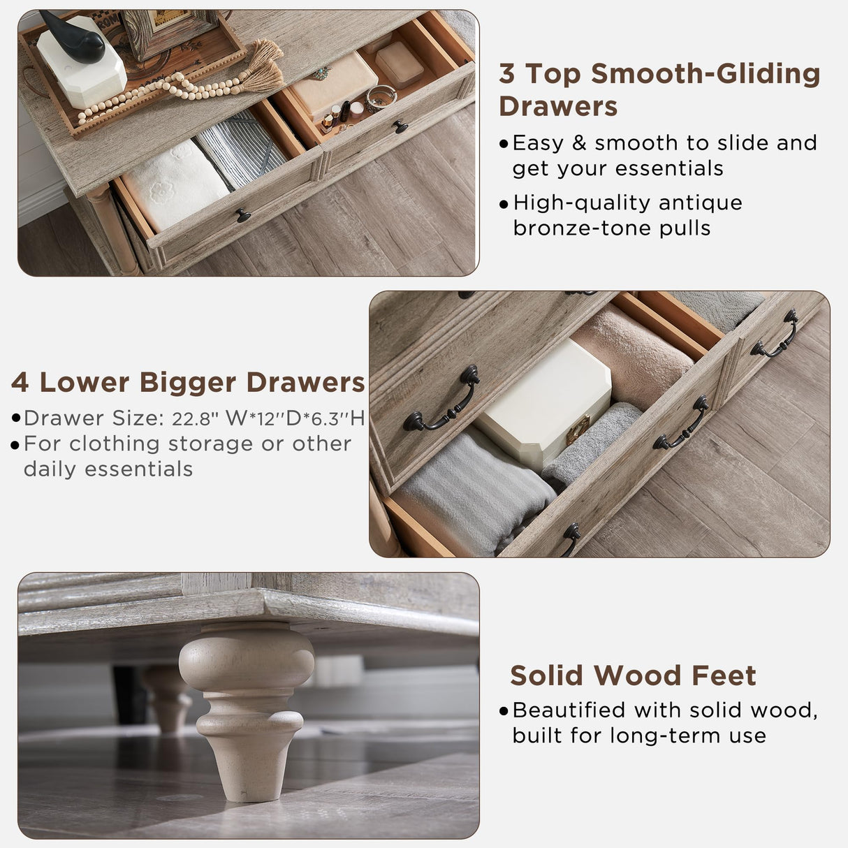 T4TREAM Farmhouse 7 Drawers Dresser Chests for Bedroom w/ 4 Solid Wood Feet & Column Decor, Tall Wide Wood Country Rustic Chest of Drawers, Storage Dressers for Bedroom, Living Room, Light Rustic Oak T4TREAM