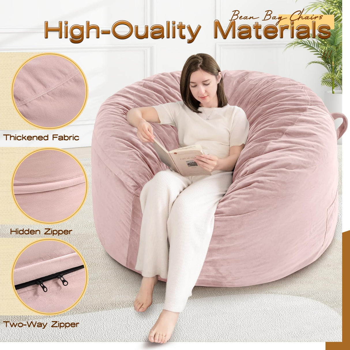 Memory Foam Bean Bag,Multiple Sizes Bean Bag Chairs for Adults,Fluffy Couch for Living Room Bedroom College Dorm,Bean Bag Chair with Filler Included (Pink, 4FT) TaiBest