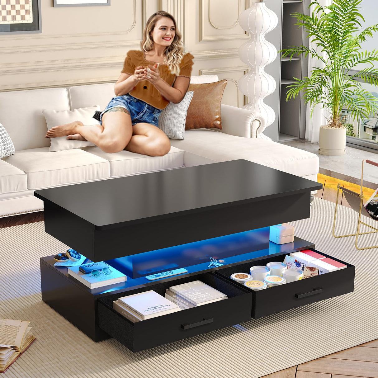 SEDETA 40" Lift Top Coffee Table, Coffee Tables with Storage for Living Room, Small Coffee Table with 2 Fabric Drawers & LED Light for Dining Reception Room, Black SEDETA
