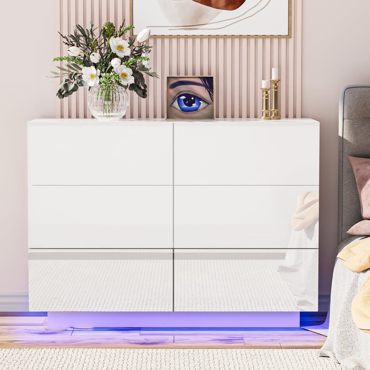 Anbuy White 6 Drawer Double Dresser with LED Light, Modern Dresser with High Gloss Drawers Dual Chest of Drawers Black Dresser for Bedroom with Lights (White) Anbuy