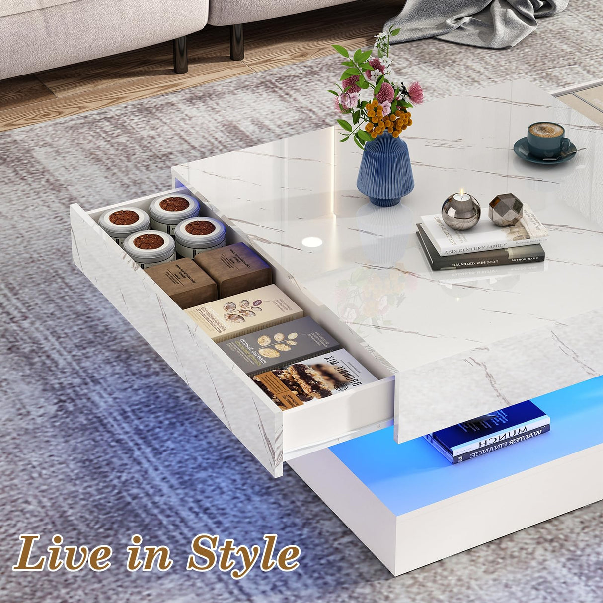 jiteentarou 33.9" LED Coffee Table with Storage, Modern High Glossy Living Room Table w/2 Drawers,Double-Layer Design Large Square Center Table for Living Room, Home, Office, White Marble jiteentarou