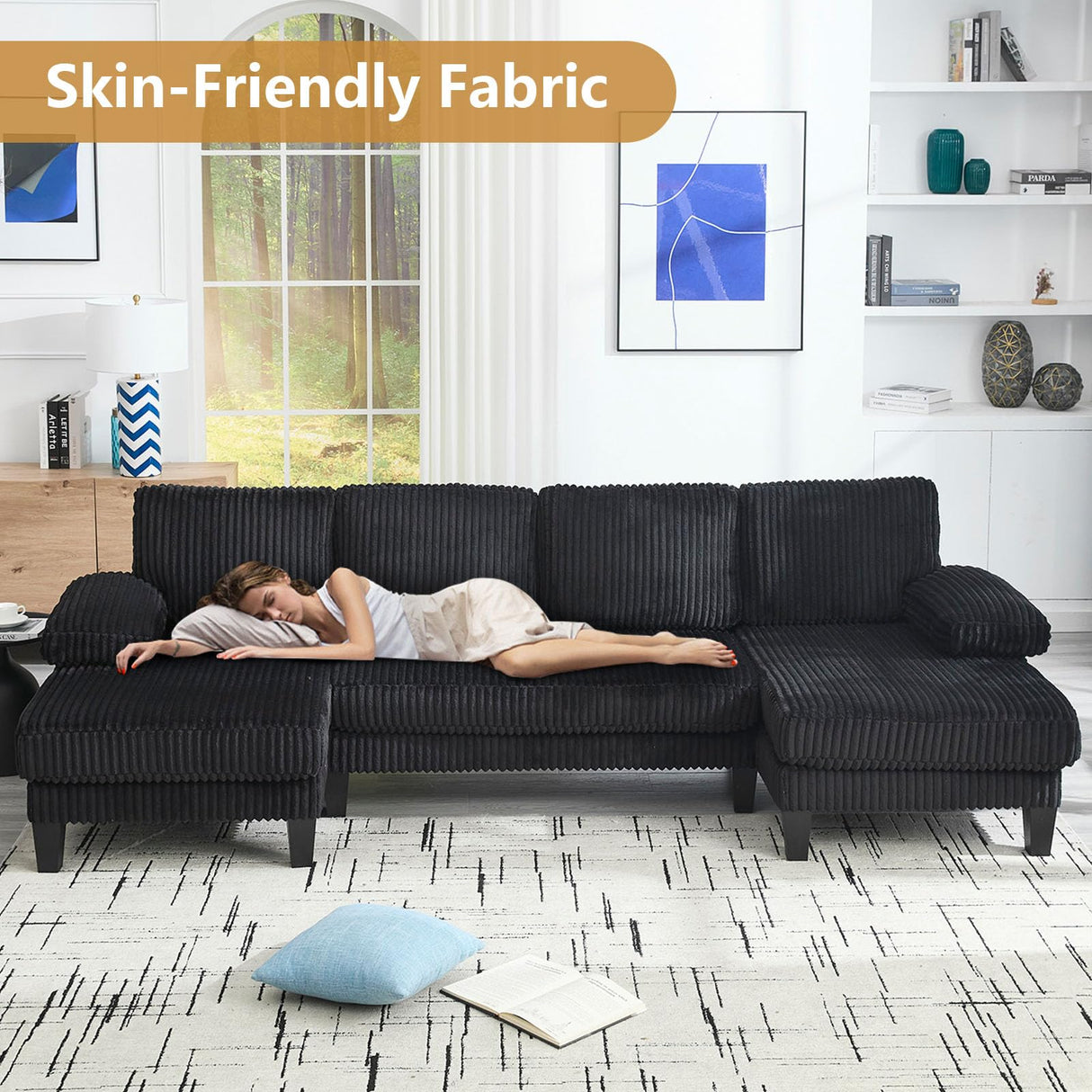 114.2” W Corduroy Sectional Sofa for Living Room, U-Shaped Couch with Double Chaises and Comfortable Backrest, Modern 4-Seater Deep Cloud Sofa (Black) LUCKHAO