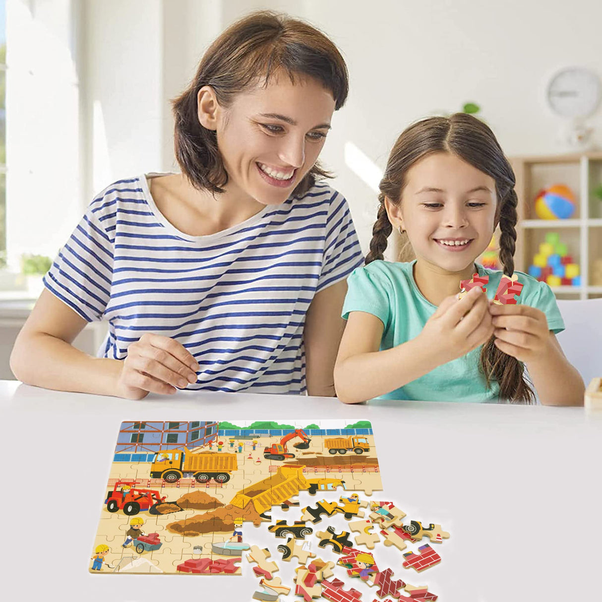 LELEMON 100 Pieces Jigsaw Puzzles in a Metal Box for Kids Age for 4-8 Boys Girls Toy Puzzles Construction Site Vehicles Children Learning Educational Puzzles Toys LELEMON