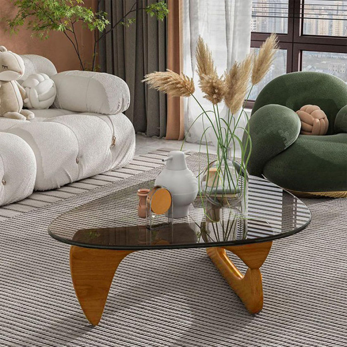 Coffee Tables for Living Room - Triangle Glass Coffee Table with Wooden Base Mid-Century Modern Abstract End Table for Study Room Office Hotel Balcony (Walnut transparent, Small 32.2 * 22.4 * 16in) PRITIY