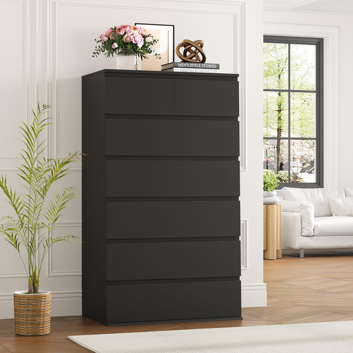 FOTOSOK 7 Drawer Dresser, Black Dresser Tall Dresser, 23.6W x 15.7D x 46.7H in Black Chest of Drawers with Large Storage Space for Home FOTOSOK