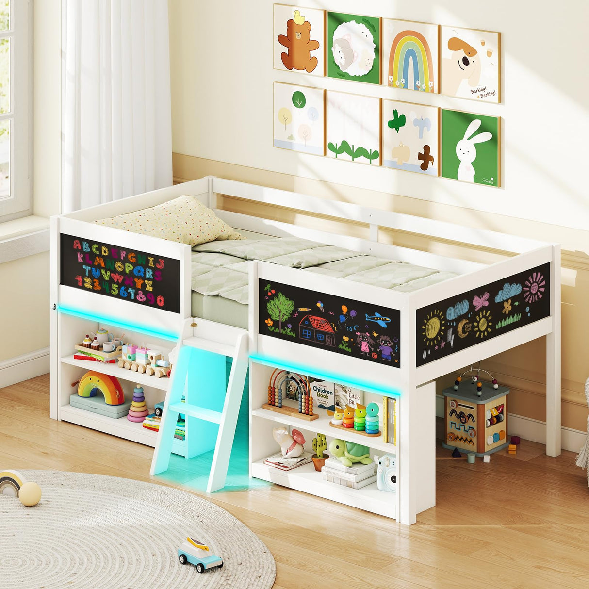 Giantex Low Loft Bed with LED Lights, Wooden Twin Size Loft Bed with Ladder & Blackboard, Twin Bed Frames for Kids with Storage 2 Bookcases and Play Space, White Giantex