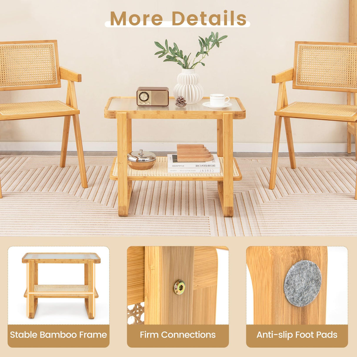 GOFLAME Bamboo Side Table with Glass Top, 2-Tier End Table with PE Rattan Storage Shelf, Home Sofa Side Table, Nightstand Bedside Table, Compact Coffee Table, Accent Table for Bedroom Living Room GOFLAME