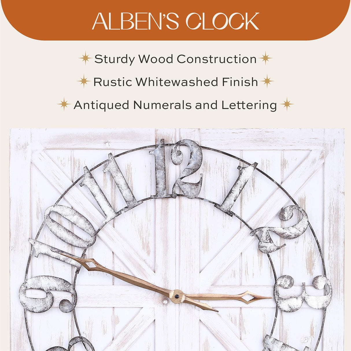 ALBEN Large Farmhouse Wall Clock - 24 inch Square Farmhouse Style Clock Bundled with Decorative Reversible Wooden Sign ALBEN