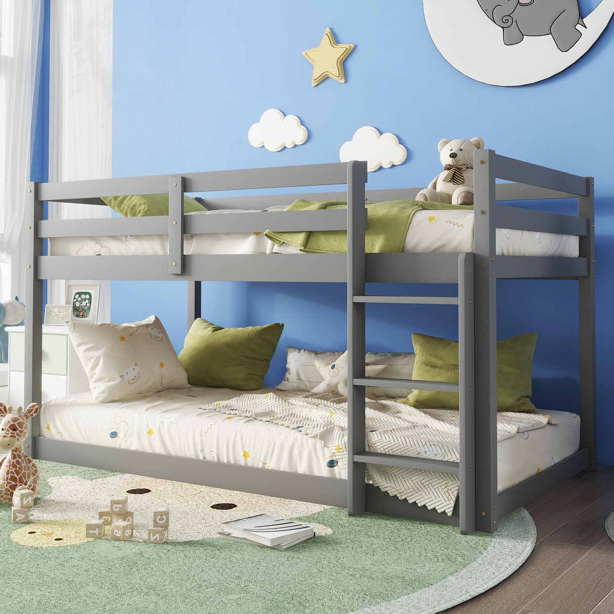 Mirightone Bunk Bed Twin Over Twin, Floor Bunk Bed with Ladder, Solid Wood Low Twin Bunk Beds for Kids Teens, Ideal for Multiple-Child Family, Apartment, Dormitory, No Box Spring Needed,Grey Mirightone