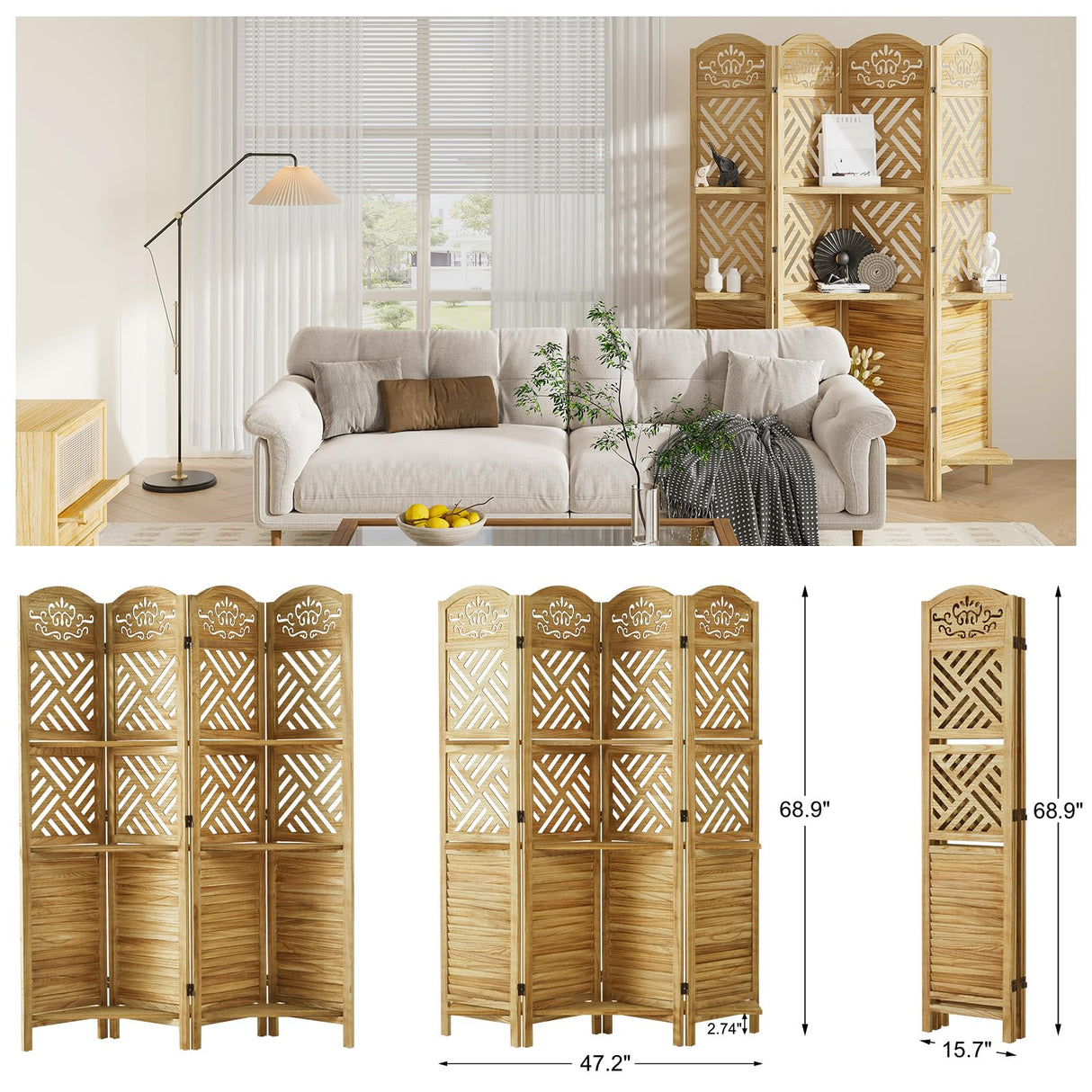 Room Divider with Shelves, 5.75ft Tall Folding Wood Carved Screen with Double Hinges for Home Office Bedroom Hotel Decoration (4 Panels, Natural) Svimi