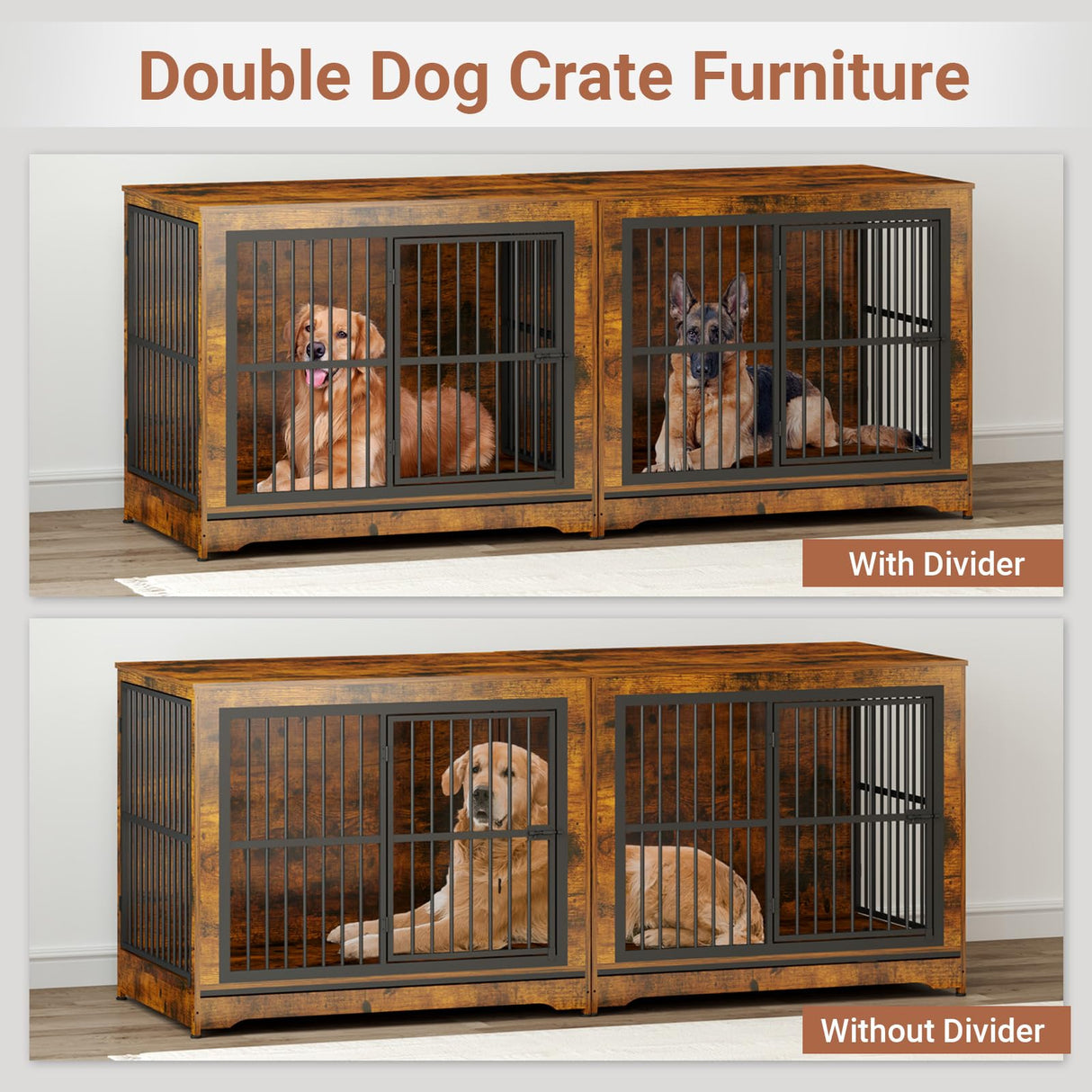 Yafylly 86 Inch Double Dog Crate Furniture with Divider, 4 Combination Forms Large Dog Kennel Furniture for 2 Dogs, Rustic Brown Corner Dog Kennel for Small Medium Large Dogs Yafylly