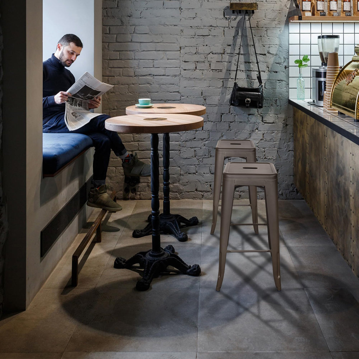 Elevon 30 Inches Metal Bar Stools, High Backless Stools, Indoor Outdoor Stackable Kitchen Stools, Set of 4, Gun Elevon