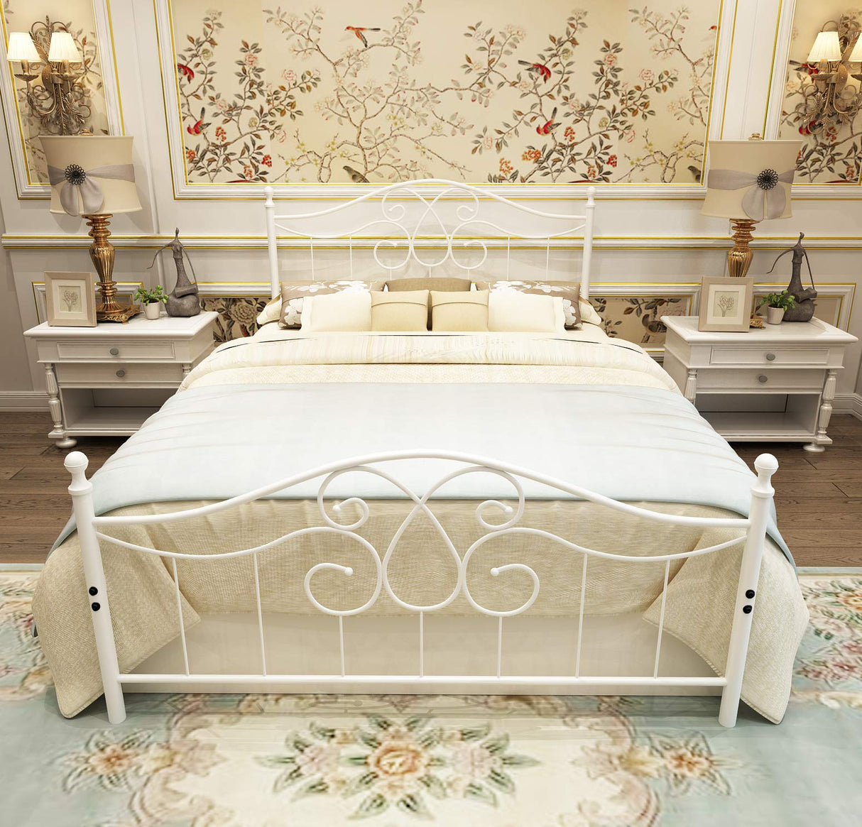 YERPERFO Metal Queen Bed Frame with Headboard and Footboard Farmhouse Platform Bed Frame Queen Size Under Bed Storage No Box Spring Needed and Easy Assembly(Queen, White) YERPERFO