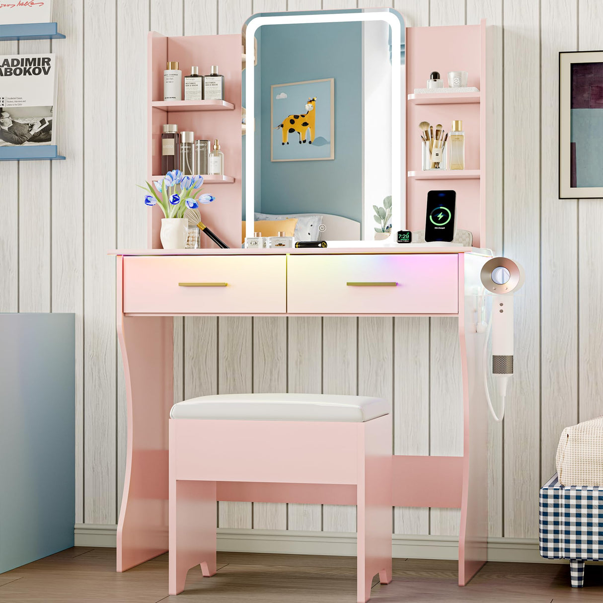 Vanity Desk with LED Lights Mirror & Power Outlet, Small Makeup Vanity Table Set with Storage Drawers & Chair, 3 Lighting Modes & Adjustable Brightness, Dressing Table for Women Girls Bedroom, Pink Xixini