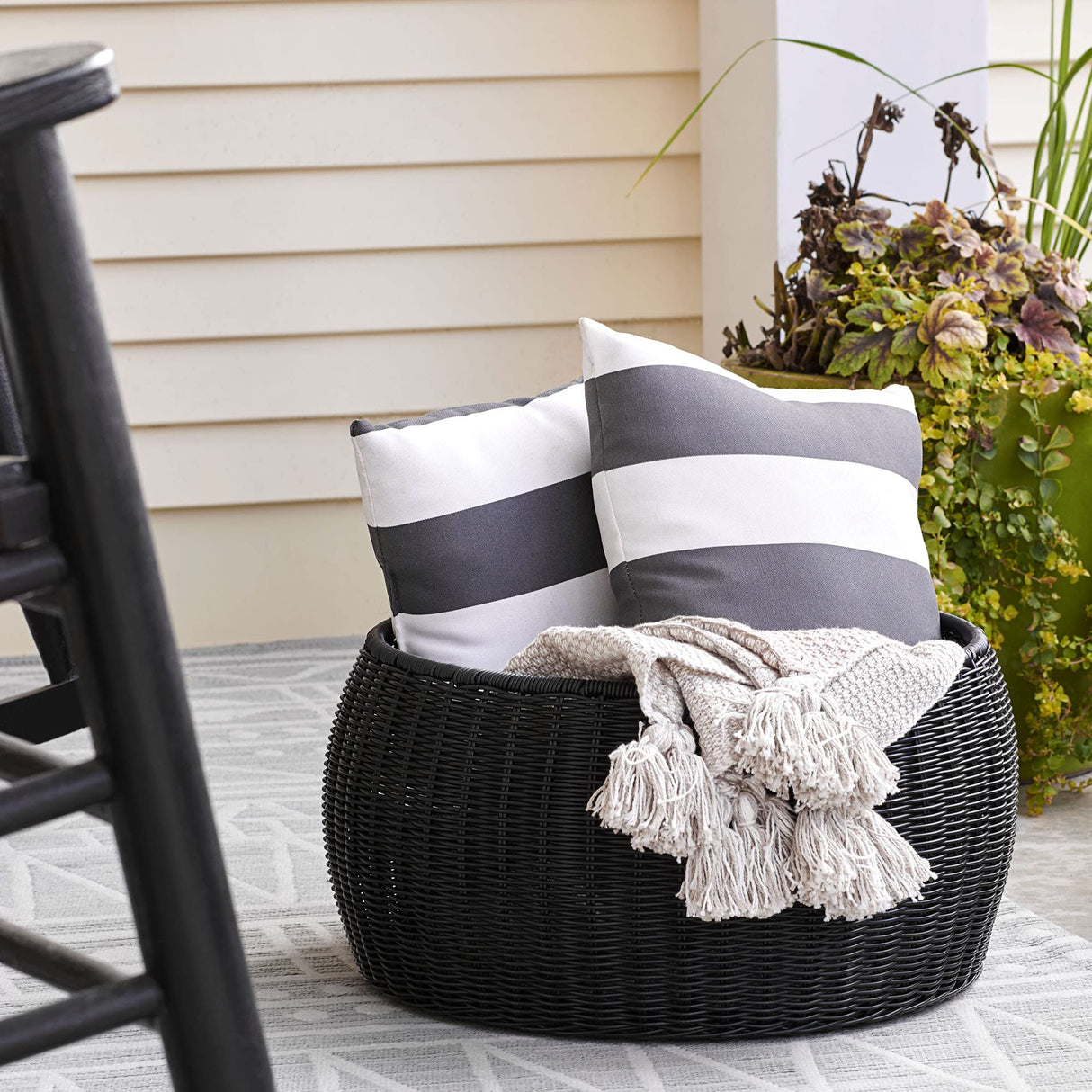 Household Essentials Handwoven Resin Storage Stool Ottoman, Black Household Essentials