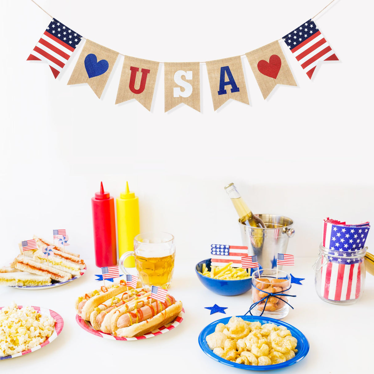 Uniwish USA Banner Burlap Bunting 4th of July Decorations American Independence Day Celebration Red White and Blue Theme Party Supplies Uniwish