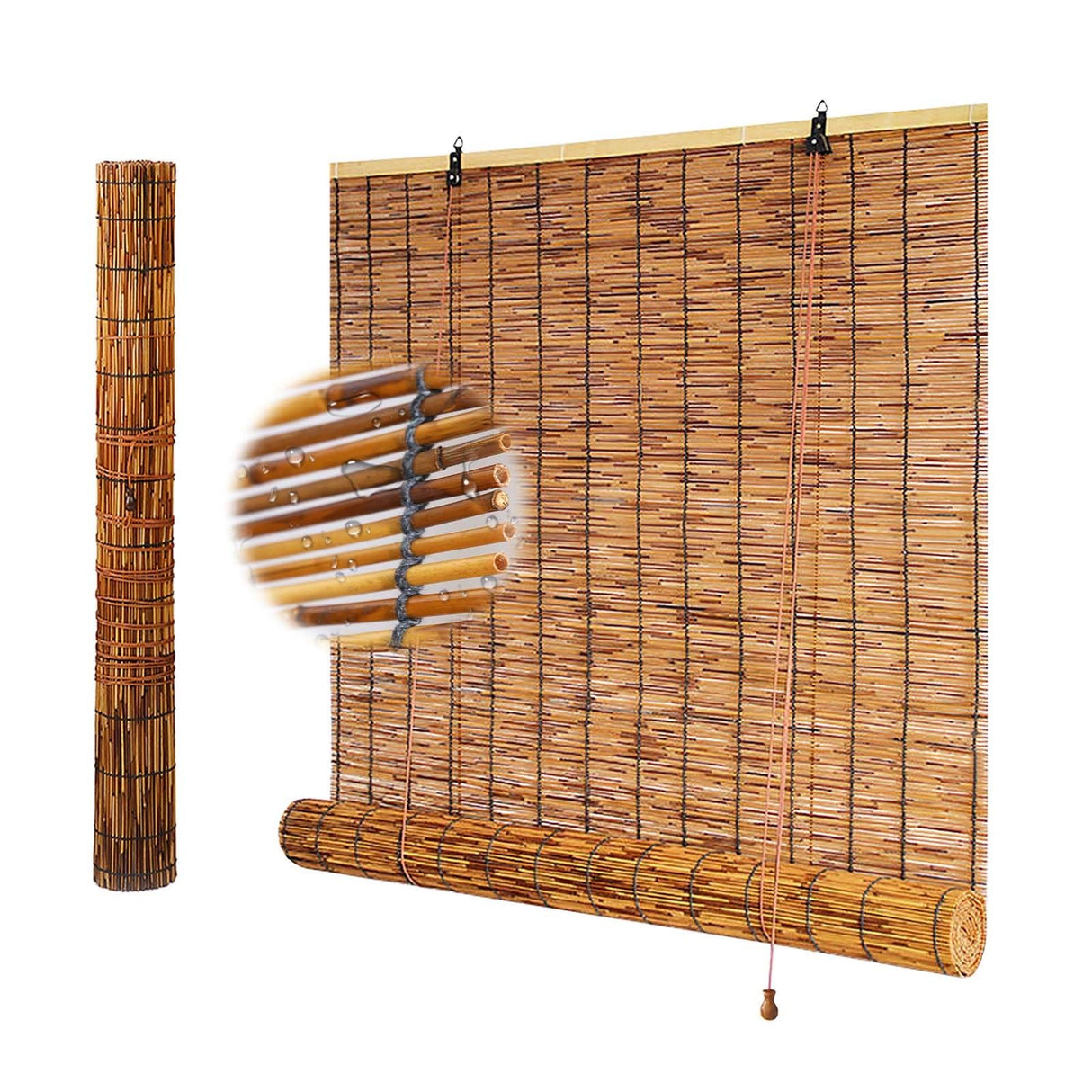 Outdoor Bamboo Roller Shades Blinds for Patio Waterproof Privacy Bamboo Roll Up Shade 70% Blackout Bamboo Blinds for Garden Porch Anti-UV Custom 20 26 38 46 62 70 72 79" Easy to Install Bamboo Curtain WQbhryllya