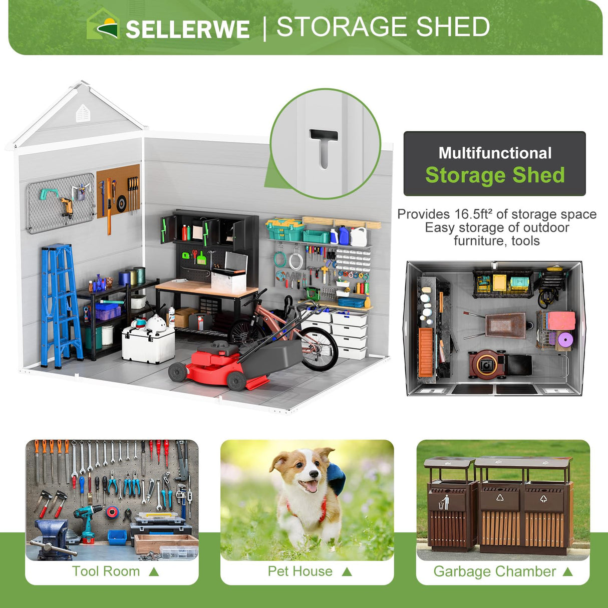 SELLERWE 8x6 FT Resin Shed, Waterproof Outdoor Storage Shed w/Floor, 2 Windows, Double Doors & Vents, Tool Shed for Patio Garden, Lawn, Backyard, Grey SELLERWE