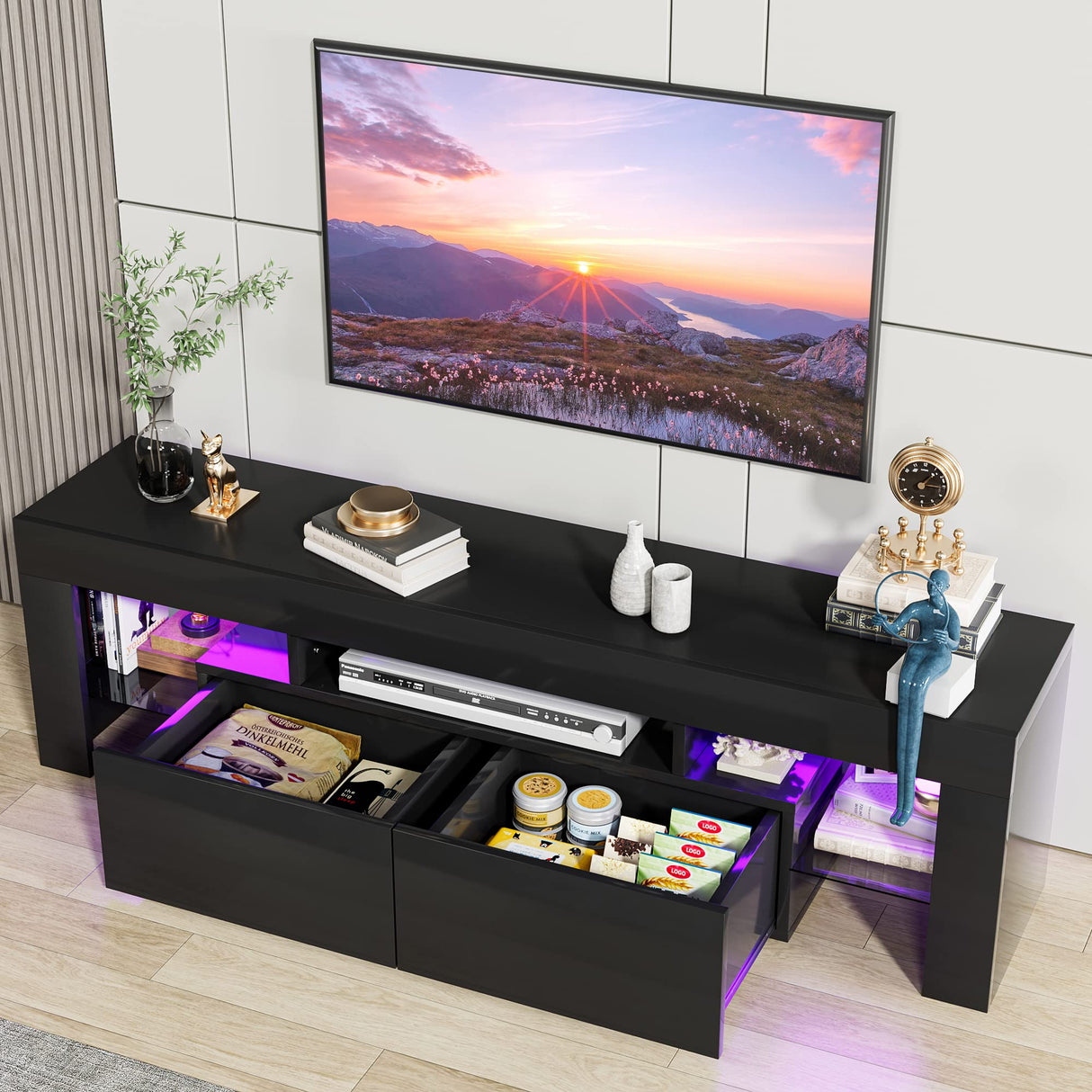 JUMMICO TV Stand with LED Lights, Modern Entertainment Center Media and Open Shelf Console Table Storage Desk with 1 Drawer and Remote Control 20 Color LED Lights up to 70 Inch TV (Black) JUMMICO