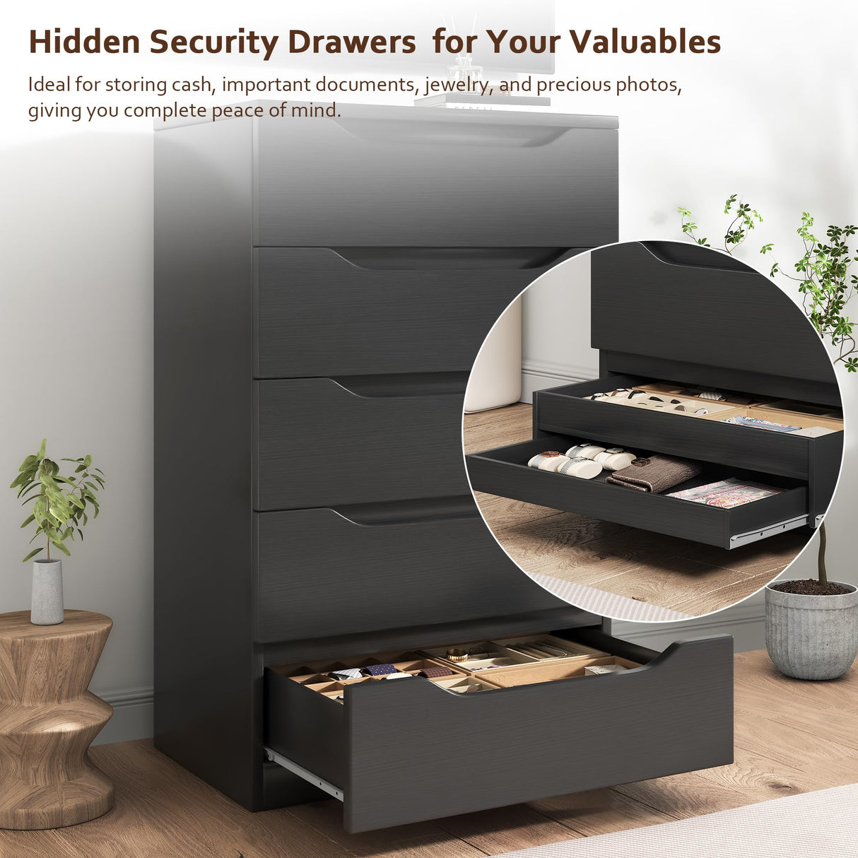 Black Tall 5 Drawer Dresser for Bedroom with Hidden Storage Design, Large Modern Closet Dressers & Chests of Drawers with Cut-Out Handles, 27.6" L*15.8" W*45.3" H for Bedroom, Living Room, Nursery Jocoevol