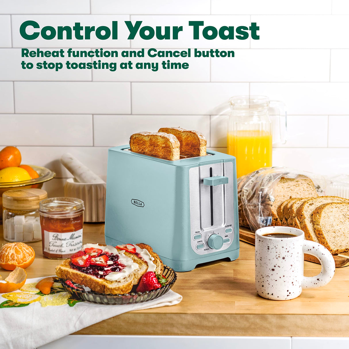 BELLA 2 Slice Toaster with Auto Shut Off - Extra Wide Slots & Removable Crumb Tray and Cancel, Defrost & Reheat Function - Toast Bread, Bagel & Waffle, Aqua BELLA
