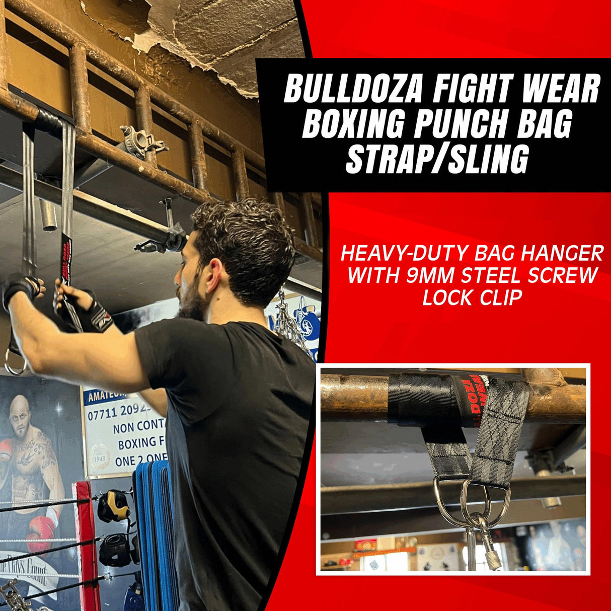 BULL DOZA FIGHT WEAR Boxing Punch Bag Strap/Sling – Heavy Duty Bag Hanger with 9mm Steel Screw Lock Carabiner – Durable Reinforced Stitching with 500lbs Bag Holding Capacity Strap Mount Black 3 Sizes BULL DOZA FIGHT WEAR