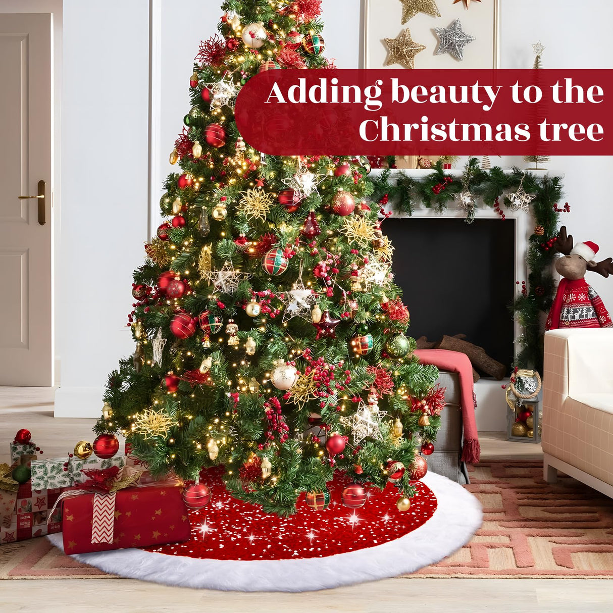 EverMerry Christmas Tree Skirt, Christmas Skirt Tree for 6ft Tree, 36 inches Thick Red Velvet with Sequin and White Plush Tree Skirts for Christmas Tree and Holiday Party Decorations EverMerry