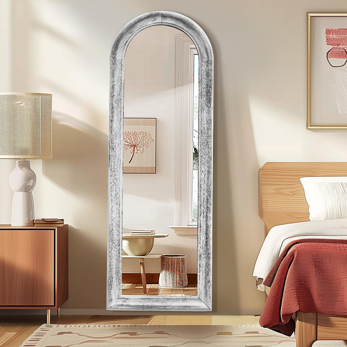 ABSWHLM 65"x22" Arched Full Length Mirror with Stand Solid Wood Frame Floor Large Mirror for Living Room, Bedroom Hanging Standing or Leaning Wall-Mounted, White ABSWHLM