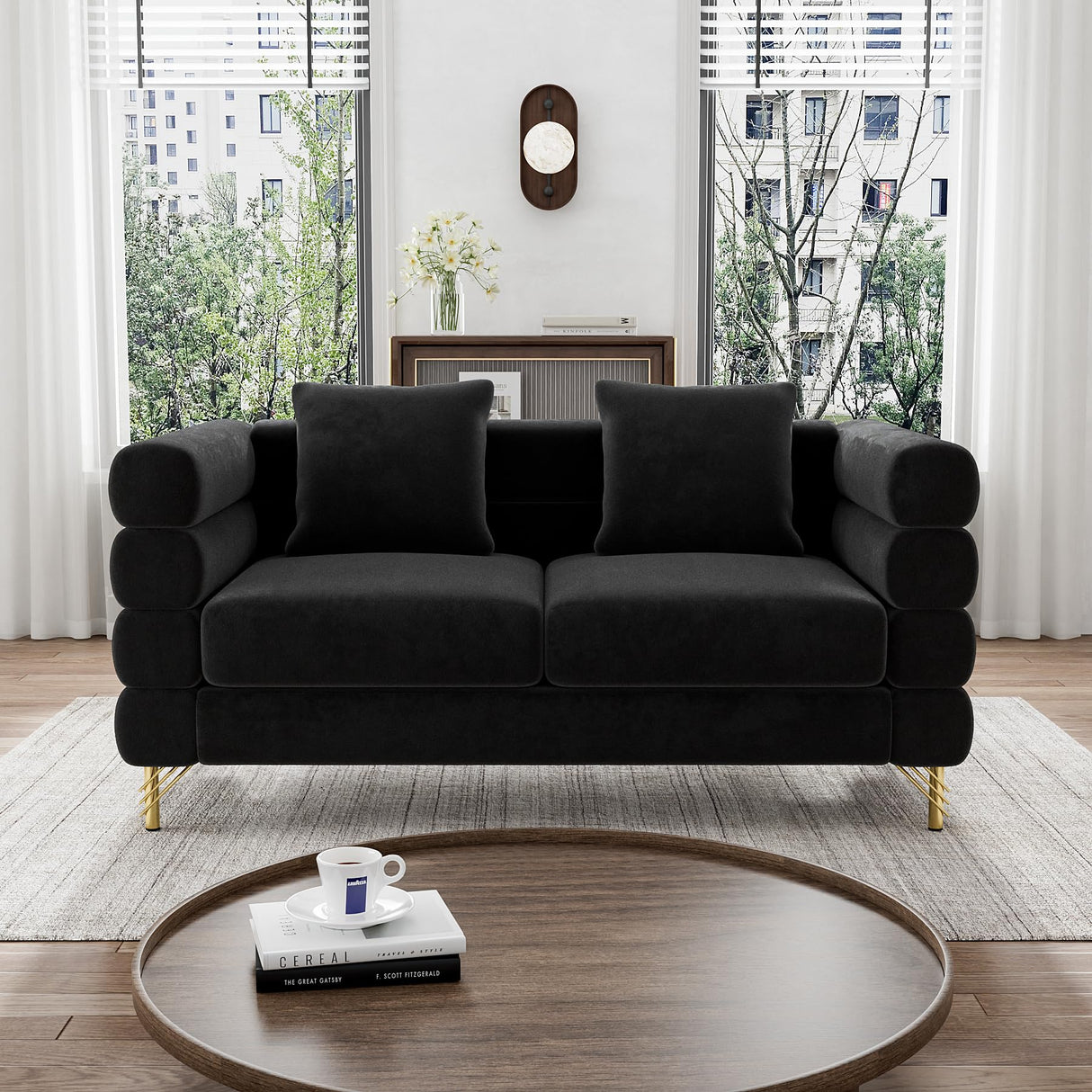 OUYESSIR Cloud Sofa Couch for Living Room, 59" Comfy Deep Seat Velvet Loveseat Sofa with 2 Pillows and Gold Legs, Modern Upholstered 2 Seater Love Seat for Bedroom Office, Dark Black Velvet OUYESSIR