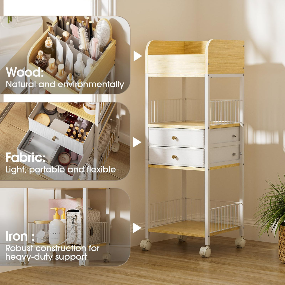 Makeup Organizer Cart with 2 Drawers, Rolling Bathroom Organizers and Storage- Versatile Skincare Perfume Storage Vanity Organizer, Natural Wood and White Iron TidyStash
