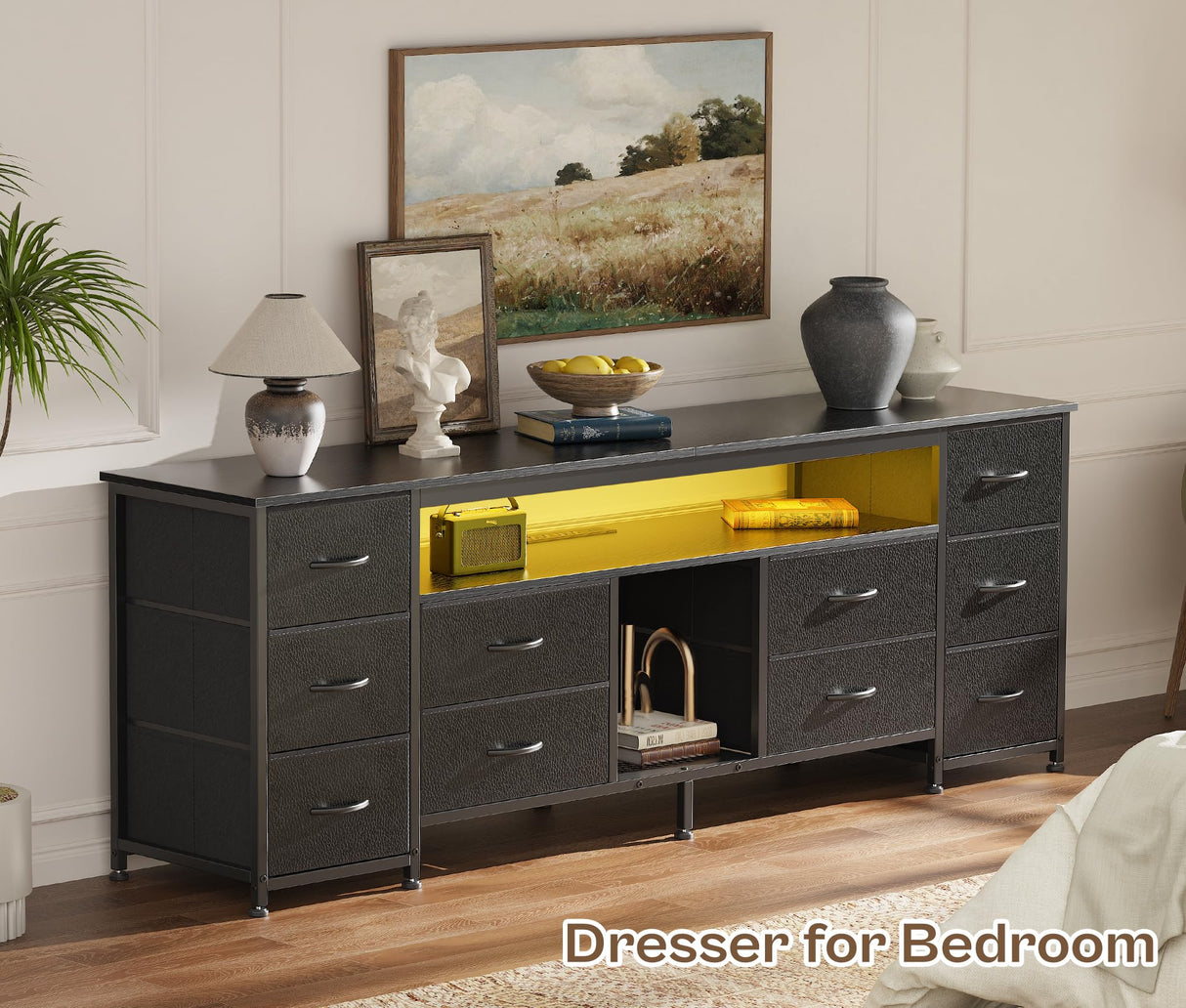 Huuger 63 Inch LED TV Stand Dresser with Power Outlets, USB-C Port and LED Lights, 10 Fabric Drawer Dresser for Bedroom, Long Entertainment Center for 65, 70 Inch TV, Open Shelves, PU Leather, Black Huuger