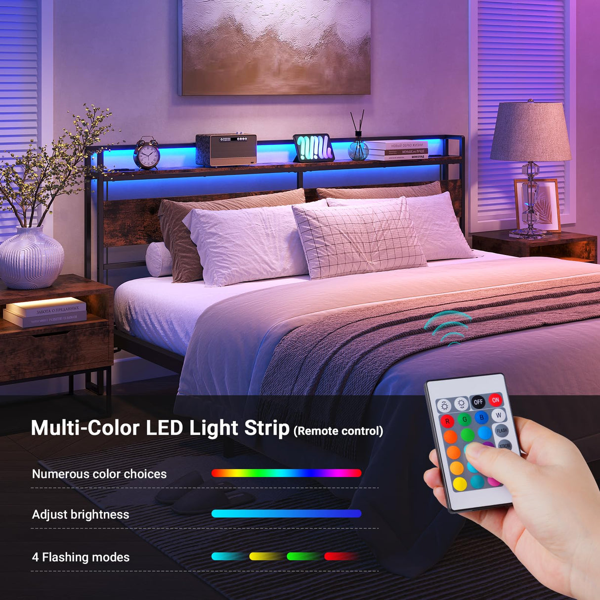 Rustic Brown ELYKEN King Size Headboard with Power Outlet & LED Strip Lighting ELYKEN