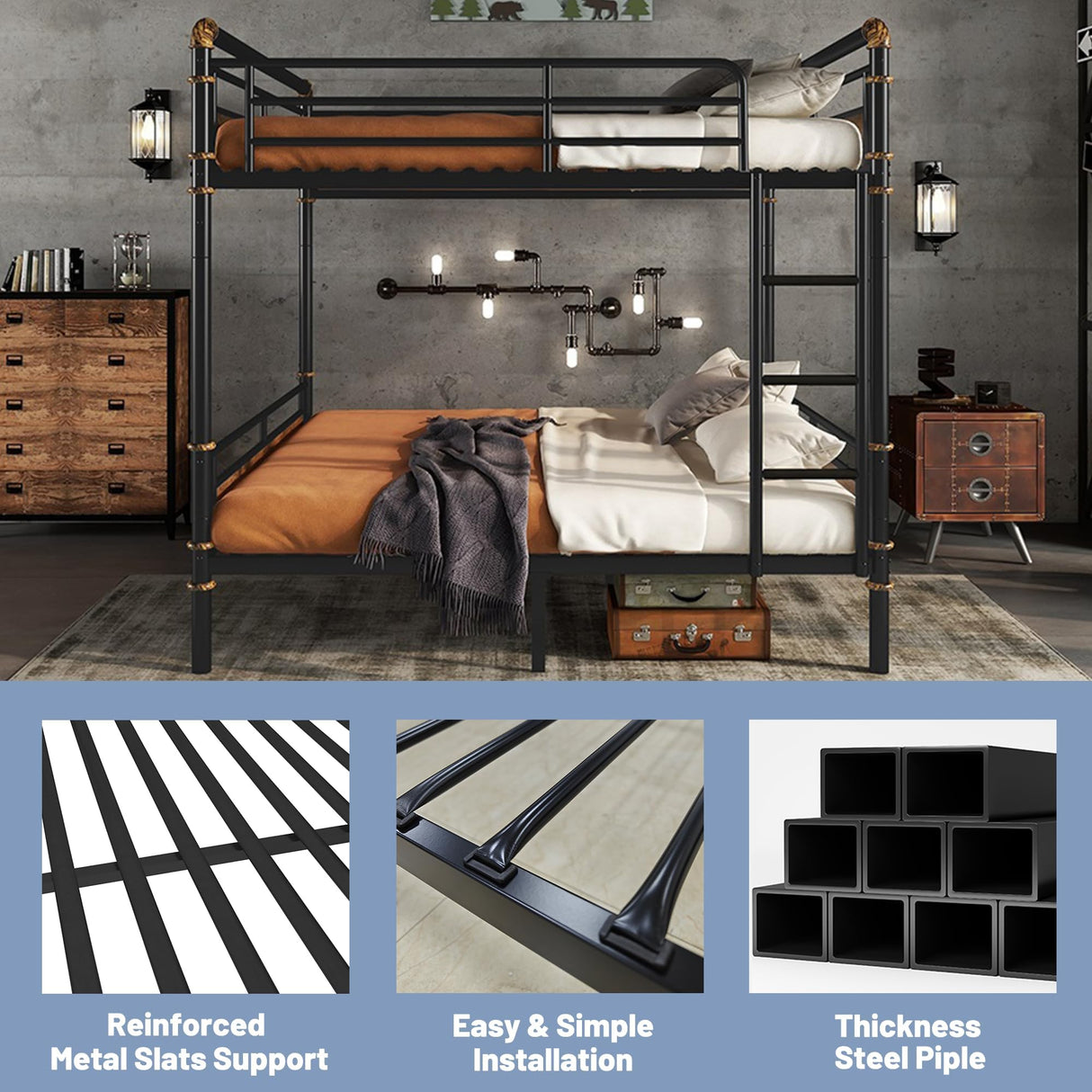 Duxelifin Queen Over Queen Metal Bunk Bed for Adults & Teens, Heavy-Duty Convertible Bunk Beds Queen Size Industrial Bunk Bed Frame with High Safety Rails and Ladders, No Box Spring Needed (Black) Duxelifin