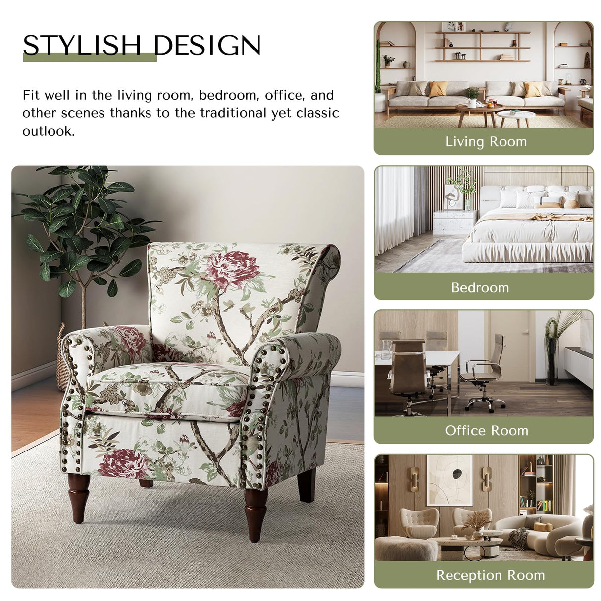 HULALA HOME Modern Wingback Accent Chair with Wood Legs & Removable Cushion, Comfy Upholstered Armchair with Nailhead Trim, Floral Pattern Sofa Chair for Bedroom Living Room, Floral HULALA HOME
