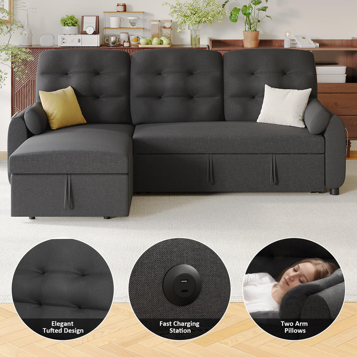 Ucloveria Sleeper Sofa Bed, 86" Convertible Sectional Sofa Couches for Living Room, Pull Out Couch Bed with Reversible Storage Chaise | USB Ports | Side Pockets | Removable Backrest Ucloveria