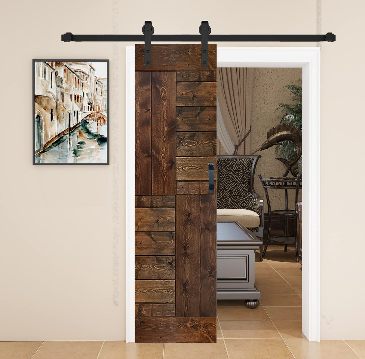 Patented Product S Style 36in x 84in (18in x 84in x 2Panels) Dark Walnut Finished Solid Wood Bi-Fold Sliding Barn Door with Hardware Kit-Assembly Needed ISLIFE