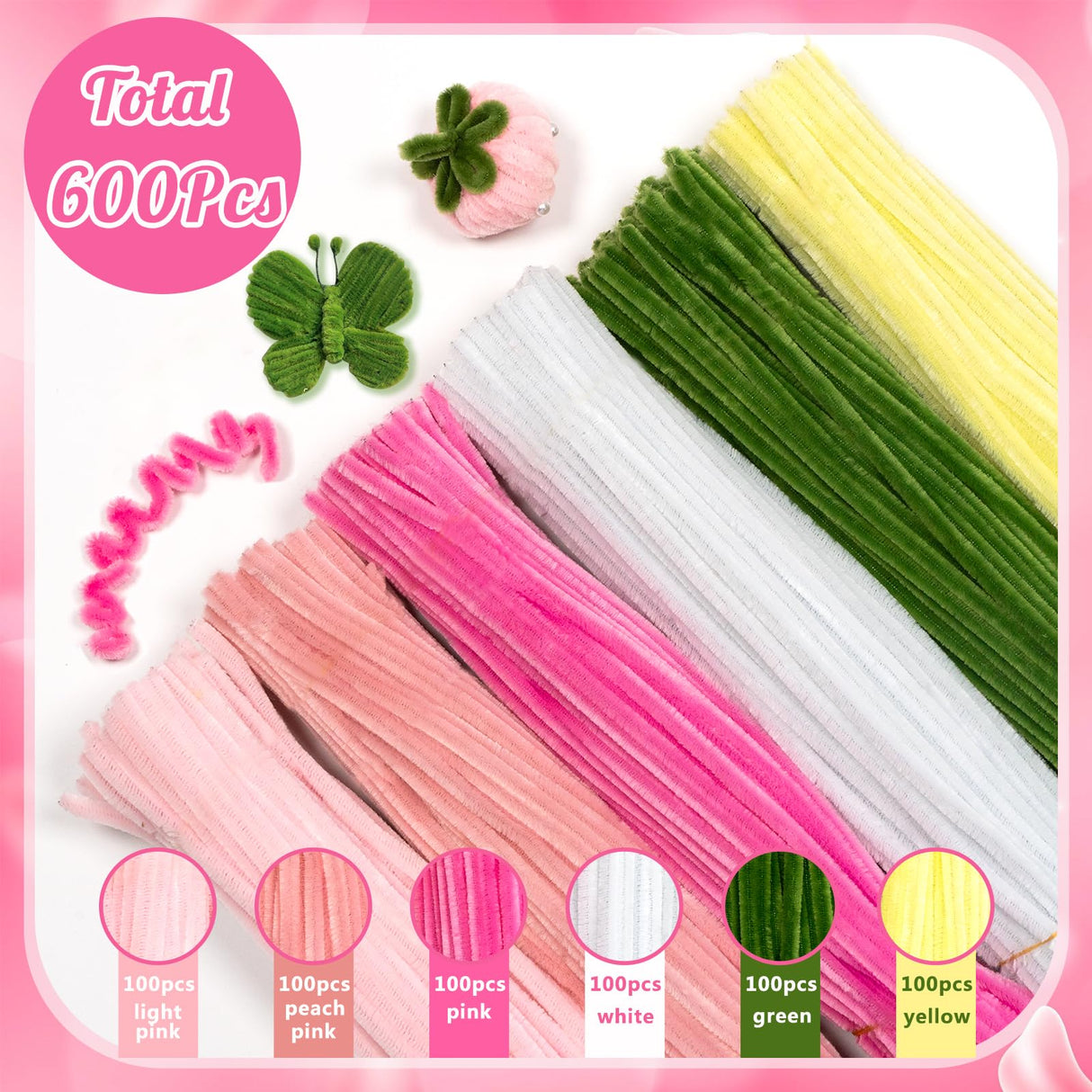 MACIOZE 600 Pcs Pink Pipe Cleaners Craft for Flowers, Pastel Chenille Stems for DIY Art Projects Creative Gift(6 Colors), Bulk Fuzzy Pipe Cleaner Flower Kit, Ideals for Party Decor (Pink Flower) MACIOZE