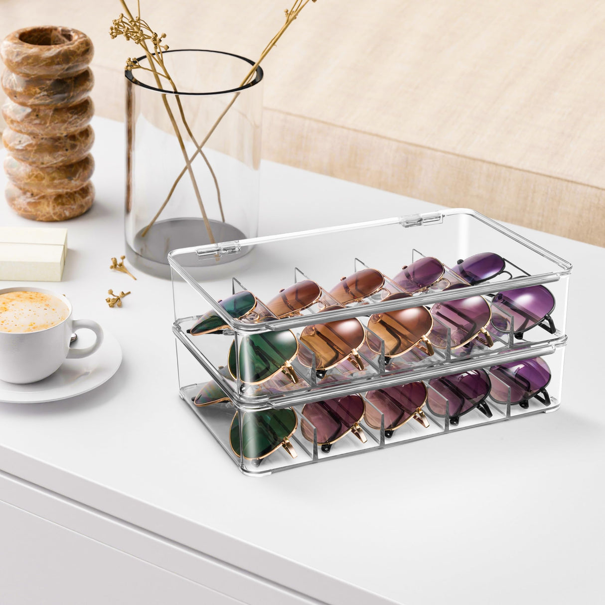 Sorbus Sunglasses Organizer - Plastic Stackable Eyeglass Case Storage Organizer for Multiple Glasses - Reading Glasses, Sunglass Holder with Hinged Lid for Eyewear Display Includes 5 Sections (2 Pack) Sorbus