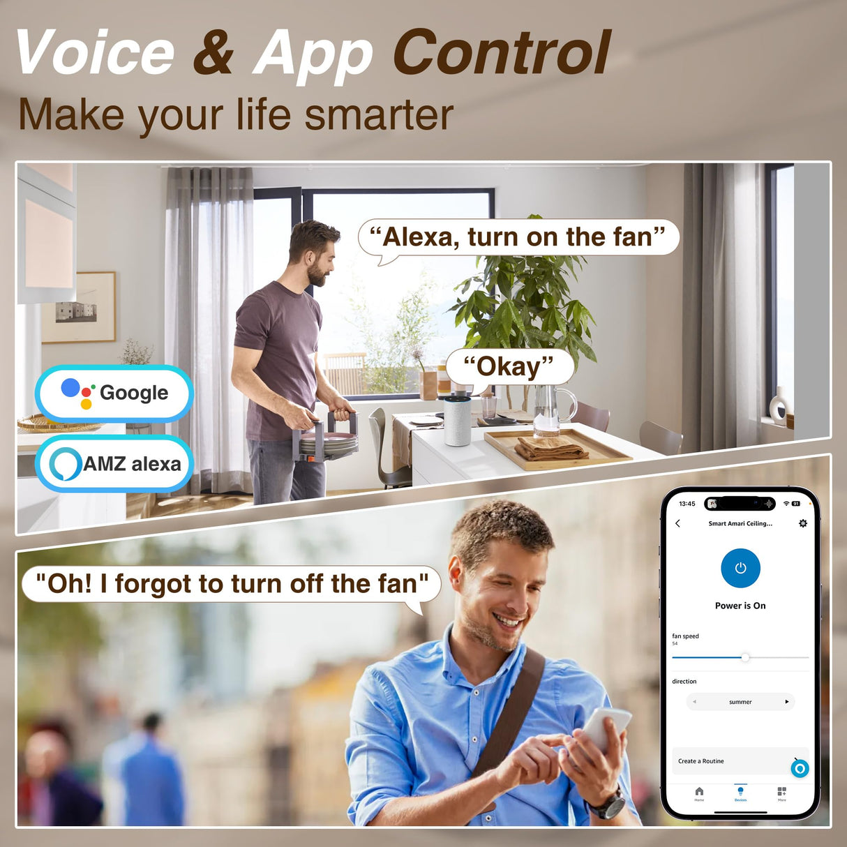 72" Large Smart Ceiling Fan with Lights Remote,Silent DC Motor,Control via WIFI Alexa Google App,Outdoor Indoor Modern Ceiling Fans for Big Living Room Patio,Dimmable,5 Blades Brown Black Walnut Livory