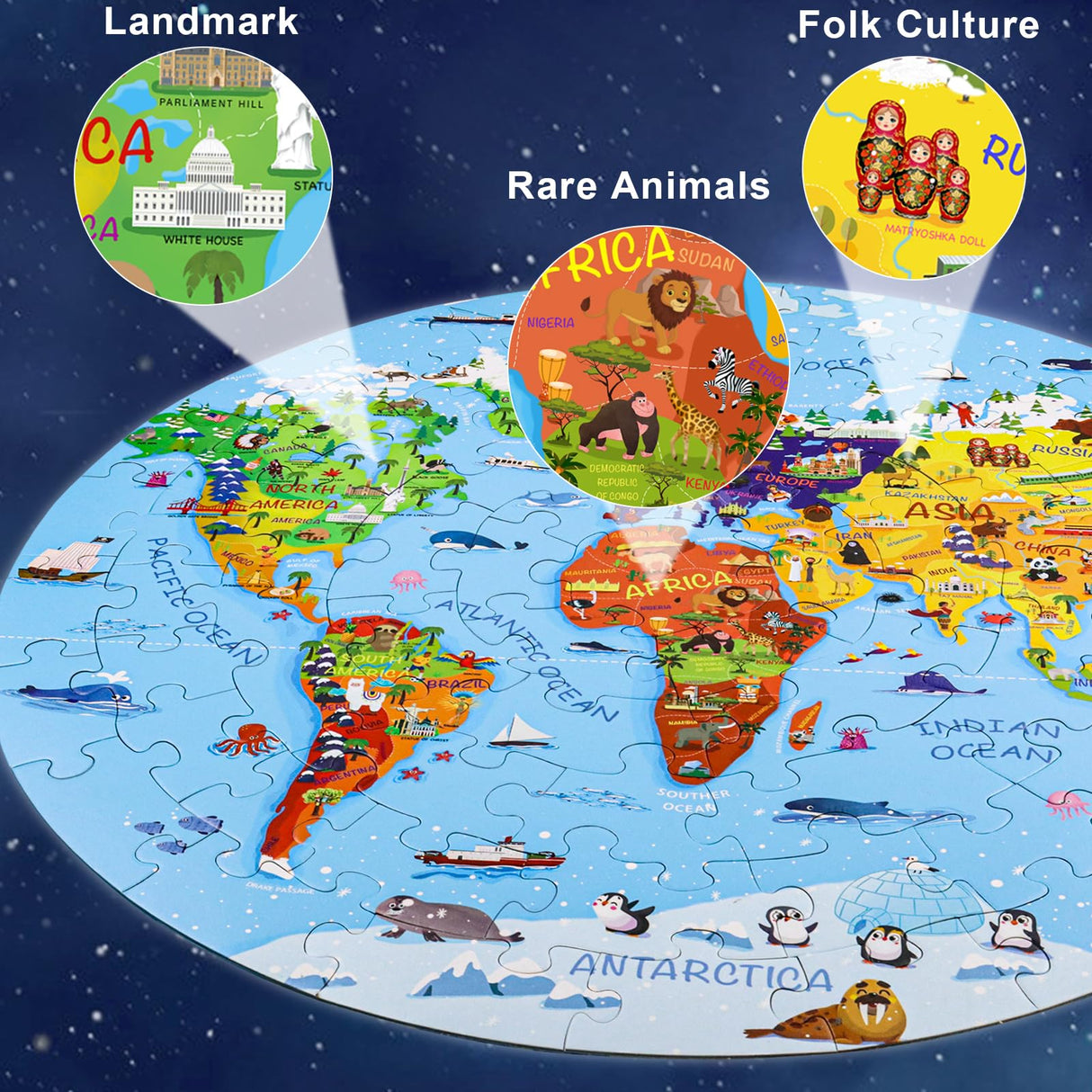 DIGOBAY World Map Jigsaw Puzzle for Kids 4-8, 70 Piece Large Round Floor Puzzles for Kids Ages Toddler Puzzle Globe Geography Games Educational Toys Birthday for Children DIGOBAY