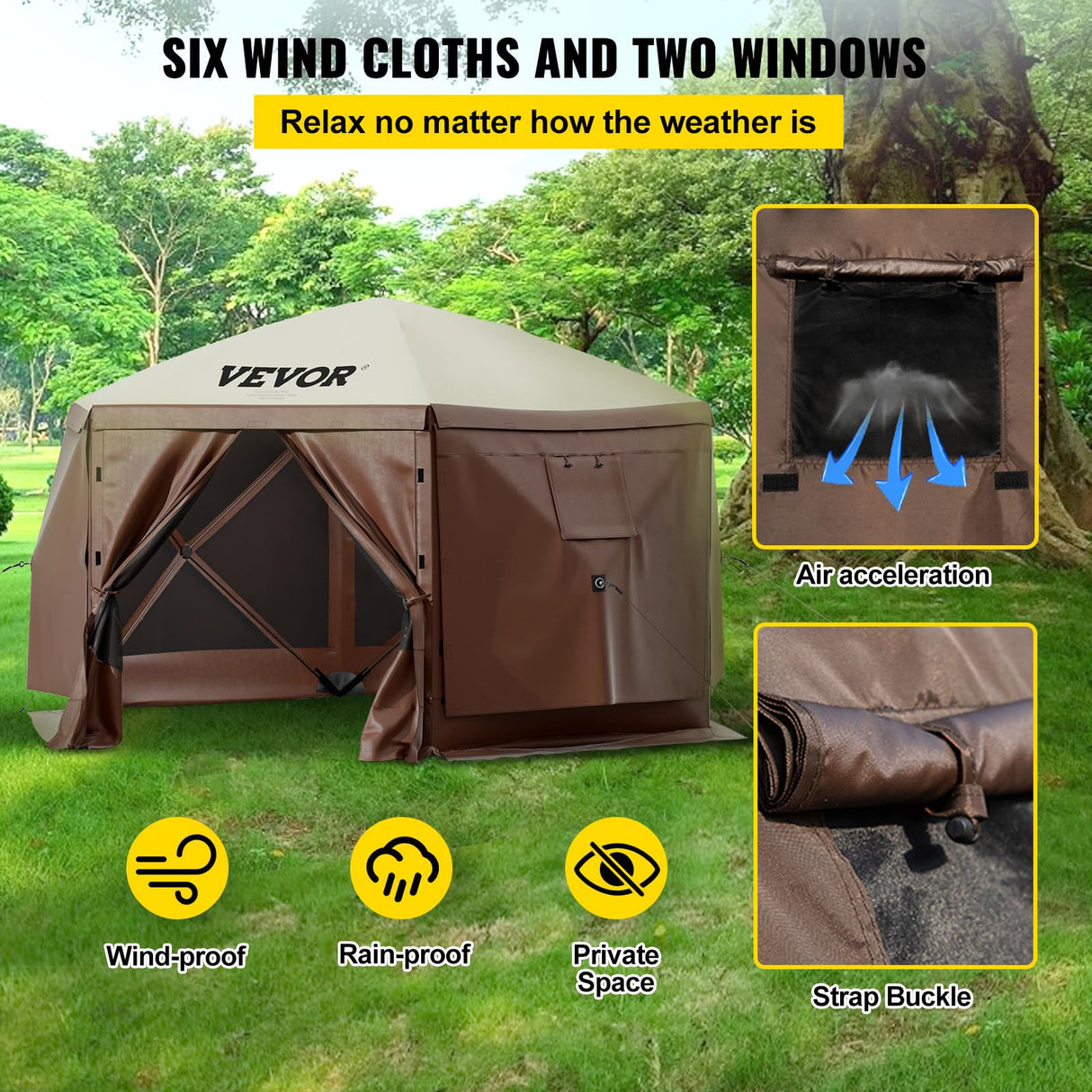 VEVOR 12 * 12ft 6 Sided Pop-up Canopy Shelter Tent with Mesh Windows, Portable Carry Bag, Stakes, Large Shade Tents for Outdoor Camping, Lawn and Backyard, Brown/Beige VEVOR