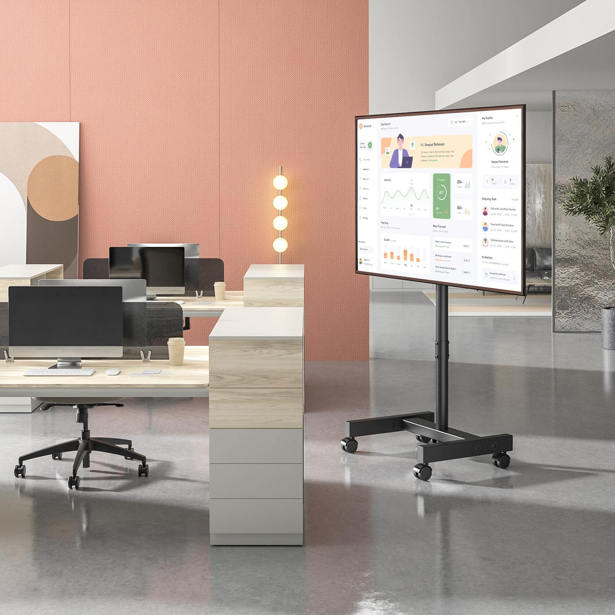 5Rcom Rolling TV Stand, Mobile TV Cart for 13-50 Inch Flat Curved TV with Tilting and Rotating, Portrait to Landscape, Height Adjustable Portable TV Stand with Wheels for Home/Office/Outdoor/Mall 5Rcom