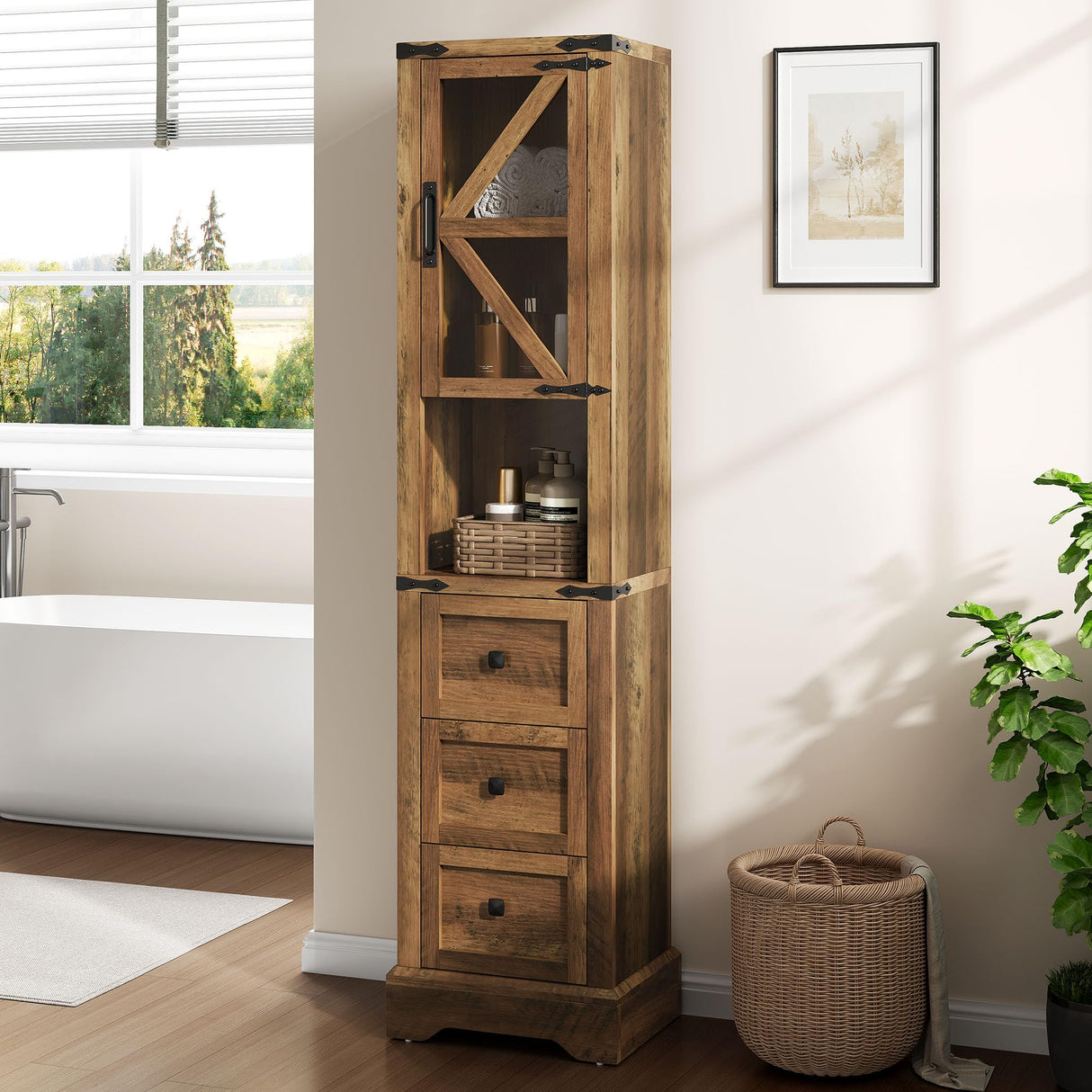 DWVO Tall Bathroom Storage Cabinet, 68" Farmhouse Storage Cabinet with Adjustable Shelves & Storage Drawers, Floor Storage Cabinet for Bathroom, Living Room, Antique Brown DWVO