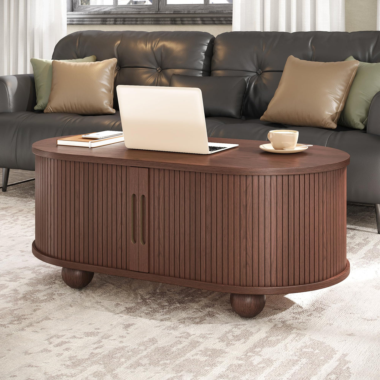 Alohappy Oval Coffee Table, Mid Century Modern Coffee Table with Sliding Tambour Doors, Fluted Center Table with Hidden Storage for Living Room, Dining Room, Apartment, Home Office, Dark Brown Alohappy